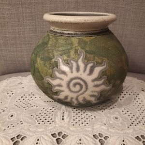 RAKU pottery pot, sunburst, signed